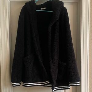 Black Fleece Jacket with Striped Hem